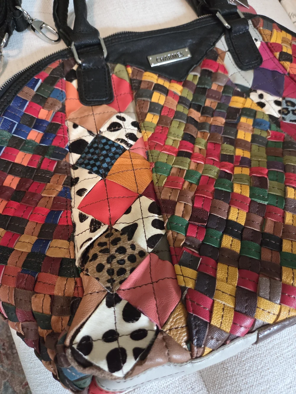 NWT Multicolor Woven Leather Satchel with Black Handles